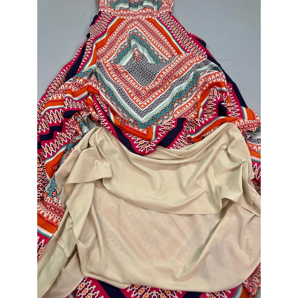 Eliza J Scarf Print Crepe De Chine Maxi Dress Keyhole Tie Pleated Boho Size 4 - Picture 6 of 13